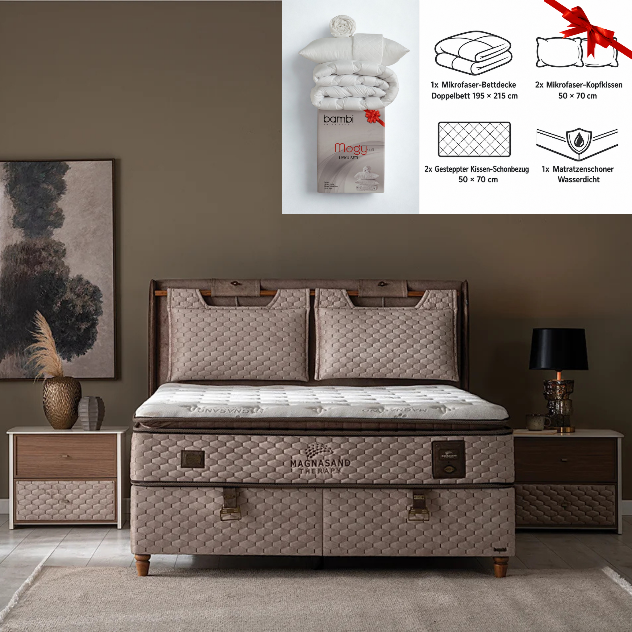 Bambi Magnasand Boxspringbett Set | H3, Taschenfederkern